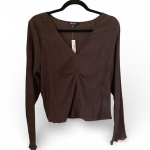 Madewell Deep Brown V-Neck Blouse Scalloped Rouched Long Sleeve
